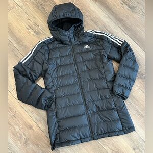 Black Adidas Essential Womens Size Large Down Parka Puffer Hooded Long Jacket!